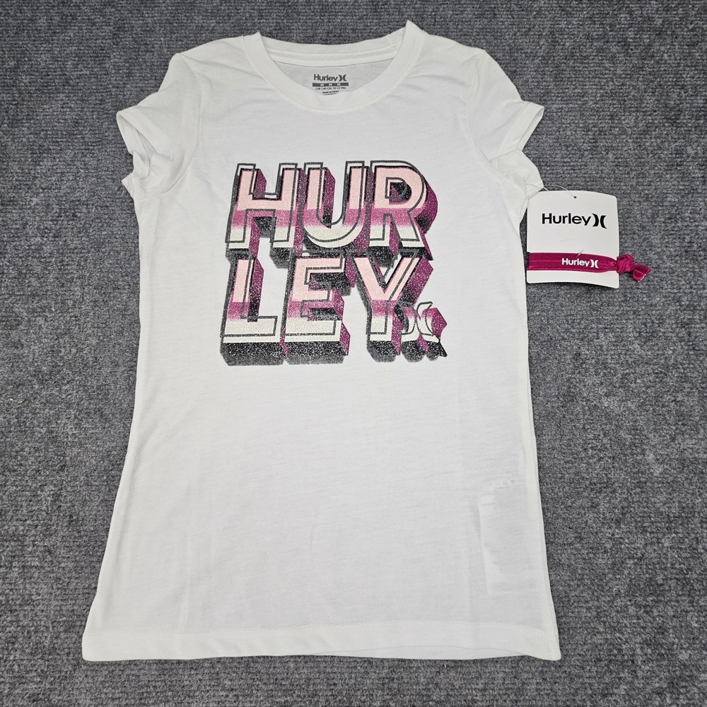 Hurley Girls T-Shirt Glitter Logo Graphic Tee Hair Tie Sail White Size XL 13-15